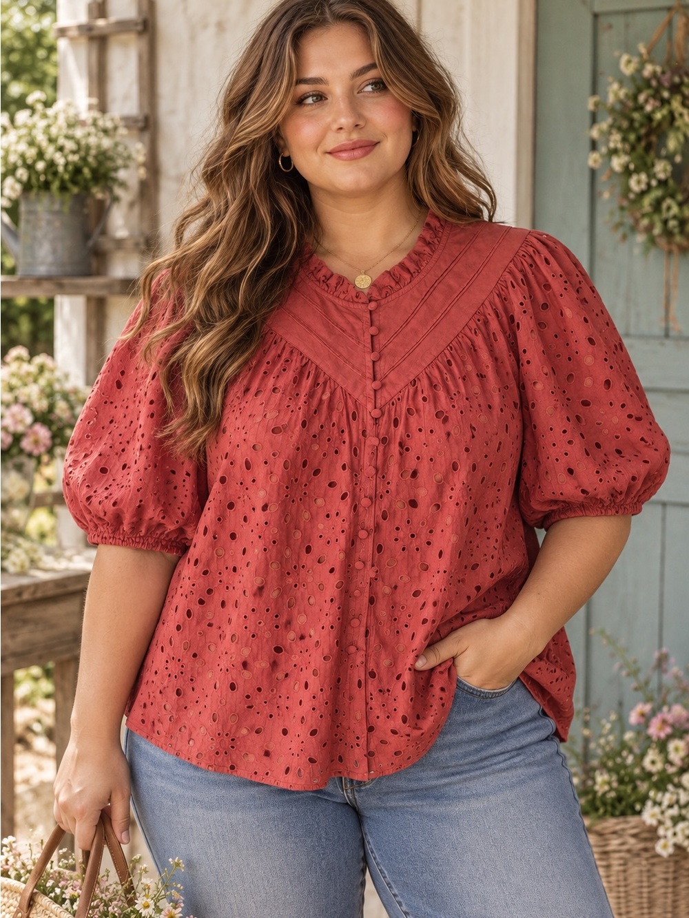 PRETTY GARDEN Rust Eyelet Embroidered Lantern Sleeve Cottagecore Blouse L